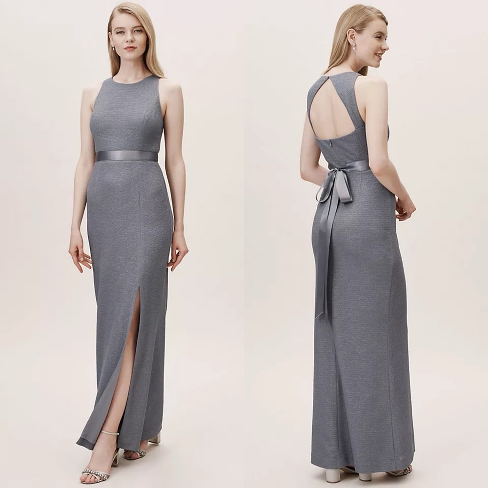 NEW NWT Adrianna Papell BHLDN Idris Open Back Maxi Gown Hydrangea Gray Blue